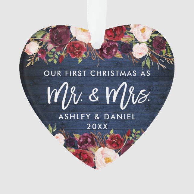 Ornamento Floral Russo de Burgundy Azul de Primeiro Natal (Frente)