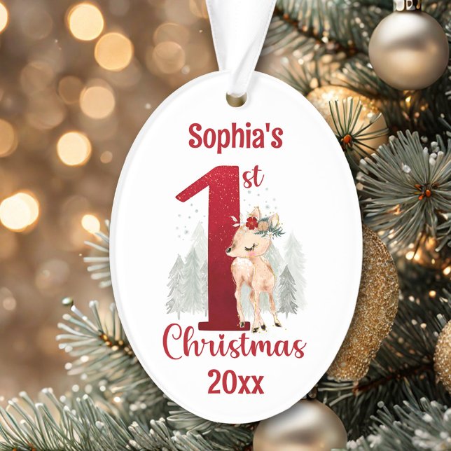 Ornamento Floresta de Veado Gelada Número Um Primeiro Natal (Cute Deer Forest Number One First Christmas Ornament)