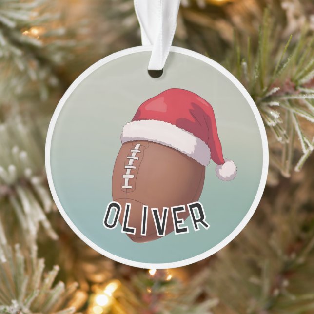 Ornamento Football Ball with Red Santa Hat Name Christmas (Árvore)