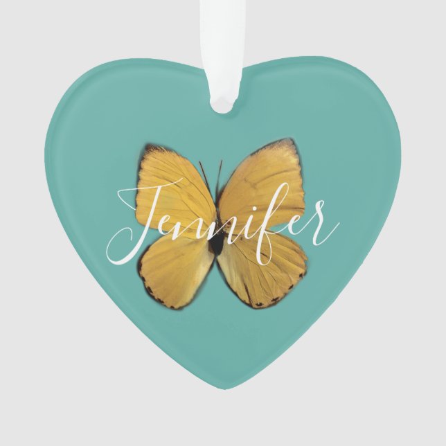Ornamento Forma Cardíaca de Borboleta Amarela Personalizada (Frente)