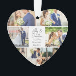 Ornamento Forma de Coração de Colagem de Fotos de Casamento<br><div class="desc">Este belo presente de Enfeites de natal em forma de coração de manutenção de casal apresenta um layout clássico de 5 fotos de casamento em um fundo branco com os nomes, a localização e a data do casal casado. Um maravilhoso presente de fotos comemorativas para sua esposa ou marido para...</div>