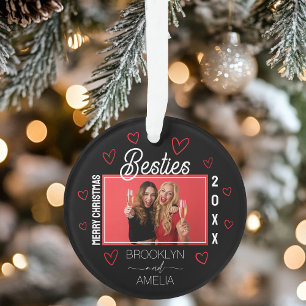 Ornamento Foto Corações Pretos e Vermelhos Amigas Natal