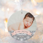 Ornamento Foto da Primeira Menina Rosa-Rosa-Esbranquiçada de<br><div class="desc">A faixa "Meu Primeiro Natal" e design de ornamento de fotos de borda de flocos de neve podem ser personalizados com o nome e o ano de nascimento da menina. Inclui uma segunda foto no verso. Cor-de-rosa-claro,  cinza e branco.</div>