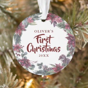 Ornamento Foto de Bebê Primeiro Natal Floral Festa