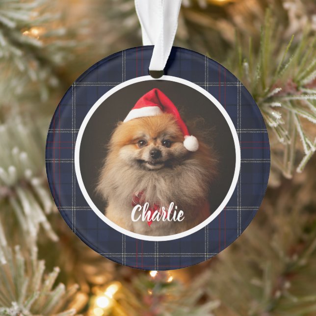 Ornamento Foto de cachorro com xadrez azul marinho clássico (Árvore)