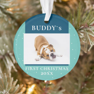 Ornamento Foto de Cachorro Fofinho de Primeiro Natal Azul
