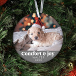 Ornamento Foto de conforto e alegria e nome do Natal moderno<br><div class="desc">Apresentando nossa "Foto de Conforto e Joy e Nome da Ordem Moderna de Cinzas de Natal", um presente de Natal elegante e personalizado que é perfeito para amigos, família, colegas de trabalho e seus amados animais de estimação. Este ornamento finamente trabalhado apresenta um design moderno, adornado com a mensagem emocionante...</div>
