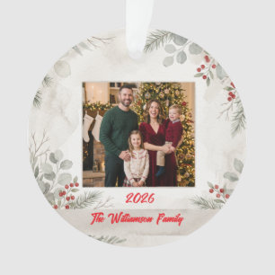 Ornamento Foto de Família em Verde Branco no Natal em Acríli