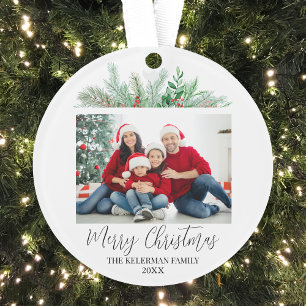 Ornamento Foto de Família Feliz Natal com Letra Moderna