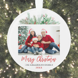 Ornamento Foto de Família Feliz Natal com Letra Moderna