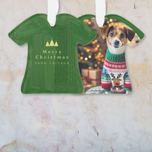 Ornamento Foto de Natal Chicago Green Gold Personalizada