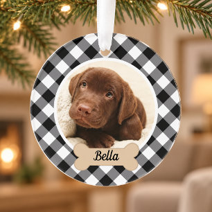 Ornamento Foto de Natal de Cachorro em Xadrez Búfalo Preto e
