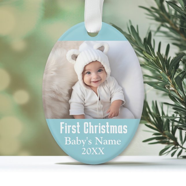Ornamento Foto de Natal do Bebê - Fundo do Blue Boy (Personalized First Christmas Ornament)