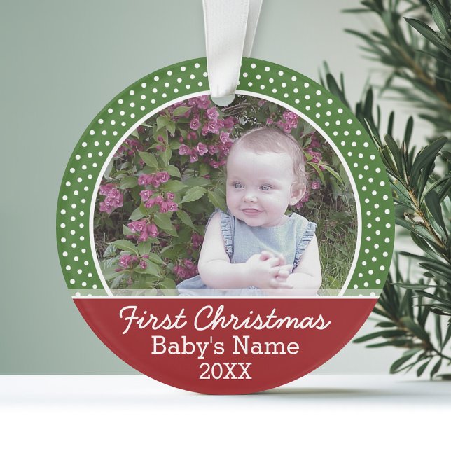 Ornamento Foto de Natal do bebê - Vermelho e Verde (Personalized Ornament with Photo - First Christmas)