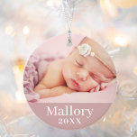 Ornamento Foto de Nome Personalizado da Menina Rosa<br><div class="desc">O ornamento de fotos simplesmente elegante para o Primeiro Natal de um bebê pode ser personalizado com uma fotografia de um recém-nascido e um texto personalizado para o primeiro nome. Escolha incluir a mesma foto em ambos os lados ou duas fotos diferentes. A cor de fundo rosa rosa poeirenta pode...</div>