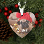 Ornamento Foto de Pet de Legenda Personalizada<br><div class="desc">Personalize este adorável ornamento em forma de coração com duas fotos preciosas do seu amigo peludo. Suas legendas personalizadas aparecem na frente e no verso em tipografia de pincel com letra branca. Mostrado com o nome do animal de estimação e o ano.</div>