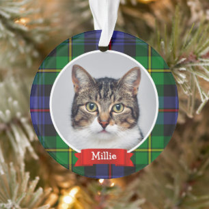 Ornamento Foto de Pet Personalizada da Xadrez Verde Azul