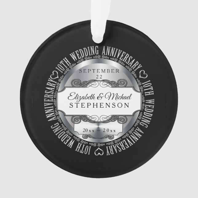Ornamento Foto de Prata Negra 10º Aniversário de Casamento (Frente)