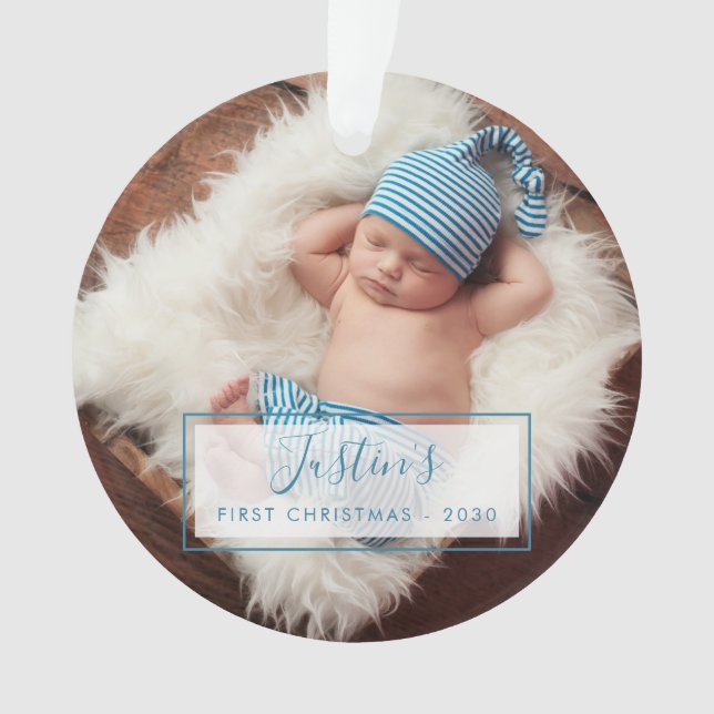Ornamento Foto do Baby Boy Personalizado Primeiro Natal (Frente)