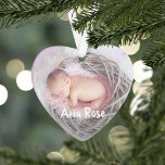 Ornamento Foto do Bebê de Legenda Personalizada<br><div class="desc">Personalize este adorável ornamento em forma de coração com duas fotos preciosas para comemorar o nascimento do seu bebê ou o primeiro Natal. Suas legendas personalizadas aparecem na frente e no verso em tipografia de pincel com letra branca.</div>