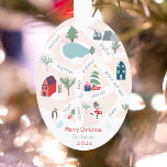 Ornamento Foto do mapa de natal para contar histórias<br><div class="desc">Ilustrações modernas do mapa de natal que contam palhetas, pinguins, calçados de patinação no gelo, lago gelado, casas, vilas, estrada, montanha, cabana a cabo, esquis, boneco de neve e muito mais! Adicione seus sentimentos positivos, com paz e amor, alegria, alegria, esperança, alegria, amor, abraços... . Adicione sua foto de família...</div>