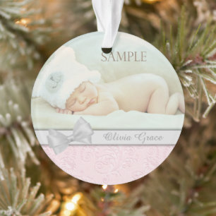 Ornamento Foto do Natal do bebê Pastel de prata do rosa do
