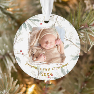Ornamento Foto do Primeiro Natal do Bebê com Folhagem de Inv