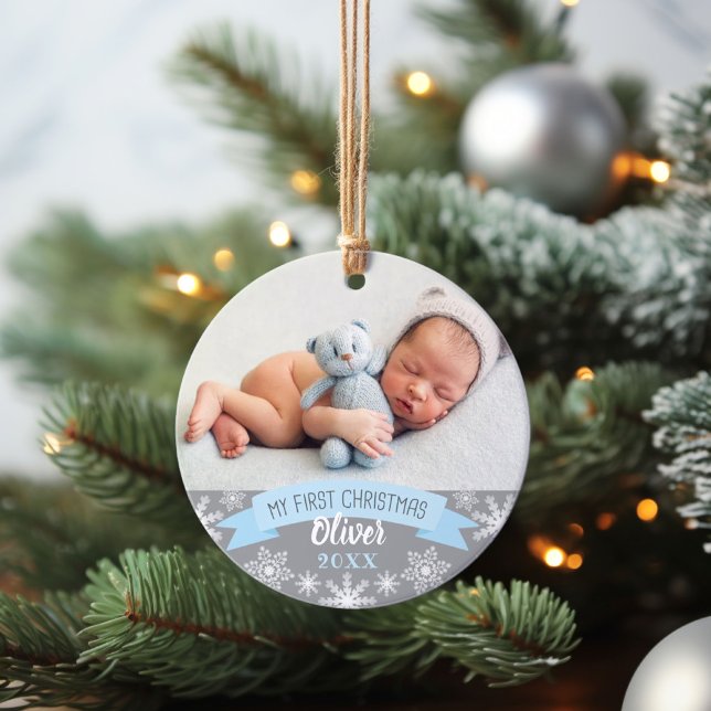 Ornamento Foto do primeiro Natal Light Blue Baby Boy (Criador carregado)