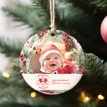 Ornamento Foto Elegant Floral Baby's First Christmas<br><div class="desc">Enche a magia do primeiro Natal do seu bebê com um guardião que enfeitiçará a sua árvore por anos. A nossa primeira decoração de Natal do Elegante Bebê Floral é uma bela mistura de elegância e sentimentalidade, perfeita para celebrar este marco especial. Elegante Floral Design: Motivos florais inspirados e desenhados...</div>