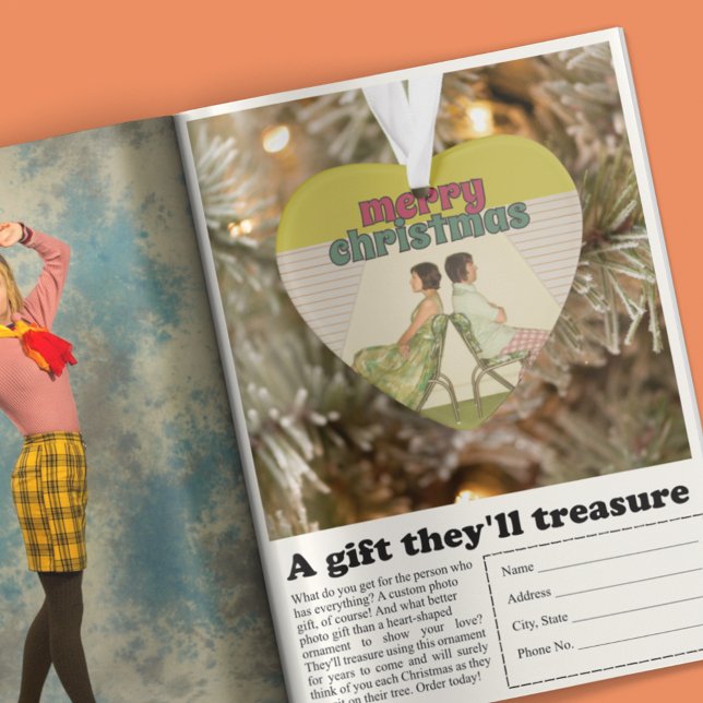 Ornamento Foto Em Forma De Coração Retro Feliz Natal (Criador carregado)