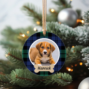Ornamento Foto personalizada de cão Xadrez de Tartan verde e