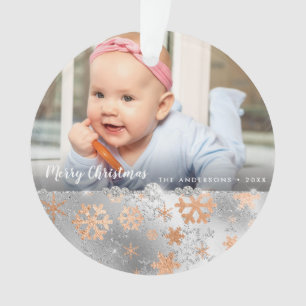 Ornamento Foto personalizada de flocos de neve prateados de 