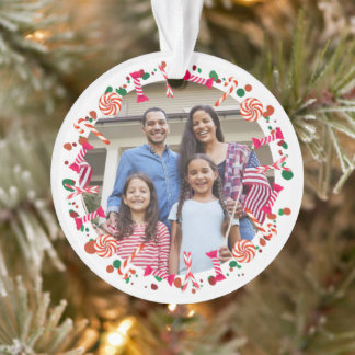 Ornamento Foto Personalizada de Natal com Borda de Doces