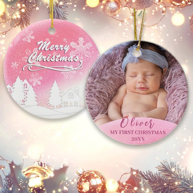 Ornamento Foto personalizada de Natal para o Bebê Rosa 1rua (Criador carregado)