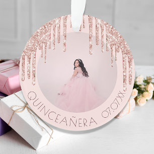Ornamento Foto personalizada de Quinceanera rosa dourado bri