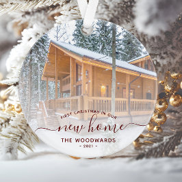 Ornamento Foto Personalizada Primeiro Natal Novo Script Verm