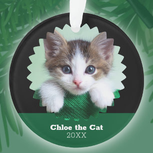 Ornamento Foto Personalizada Verde e Preta de Gato em