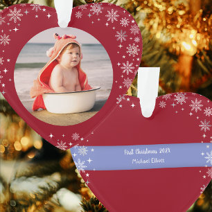 Ornamento Foto Primeiro Natal Menino Bonito Coração Vermelho