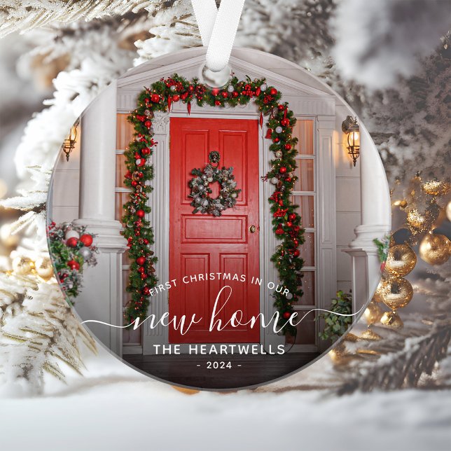 Ornamento Foto Primeiro Natal Novo Script Branco Casa (Criador carregado)