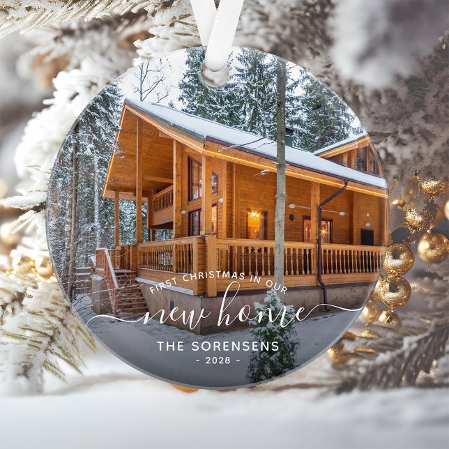 Ornamento Foto Primeiro Natal Novo Script Branco Casa (Criador carregado)