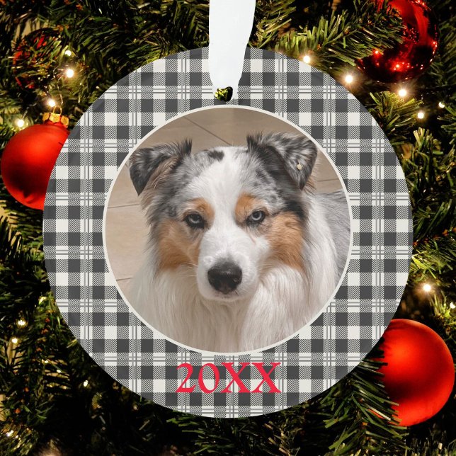 Ornamento Foto Sentimental Pet Cinza Escura Xadrez Buffalo (Buffalo Plaid Dark Gray and Buttercream Ornament)