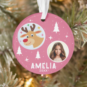 Ornamento Fotos de Natal Nome da Criança Rena Rosa Fofa