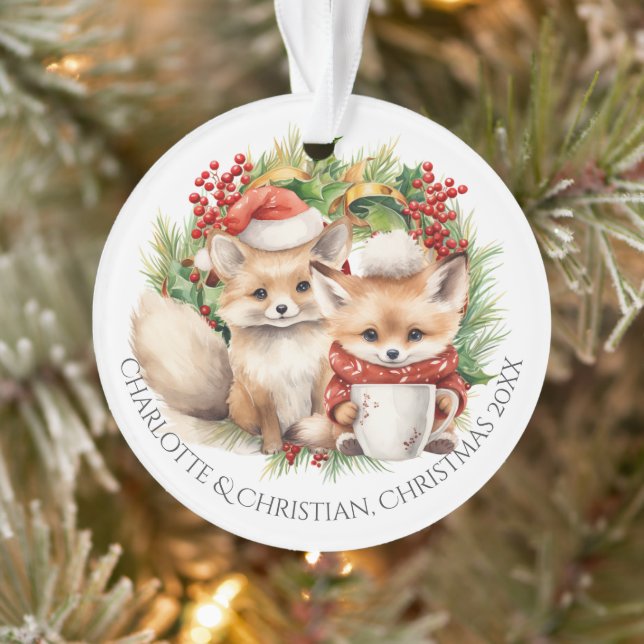 Ornamento Fox Casal Winter Wreath Christmas Personalizado (Árvore)
