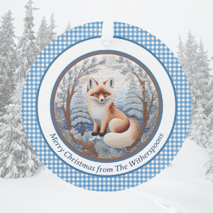 Ornamento Fox encantadora no Natal de Gingham, Floresta Azul