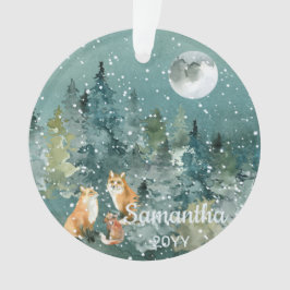 Ornamento Fox Family in Forest Moon Snowfall Watercolor