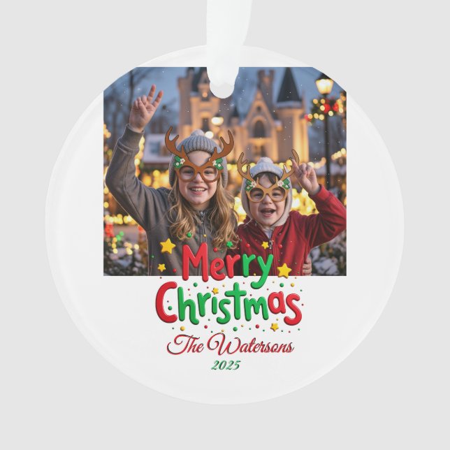 Ornamento Fun Retro Script Merry Christmas Letterpress Photo (Frente)