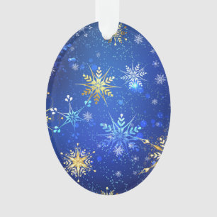 Ornamento Fundo Azul XMAS com Flocos de Neve Ouro