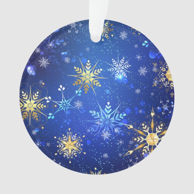 Ornamento Fundo Azul XMAS com Flocos de Neve Ouro (Frente)