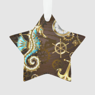 Ornamento Fundo de madeira com cavalo de mar mecânico