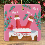 Ornamento Funny Reversible Pink Papais noeis<br><div class="desc">Um adorno cor-de-rosa fofo e divertido, com um lado mostrando-o descendo pela chaminé, seus pés no ar, sob o olhar atento de um cardeal, e o outro lado ele está parado com um sino de joelho em uma mão e 3 presentes na outra. Personalize-o com seu Cartões de natal, ano...</div>